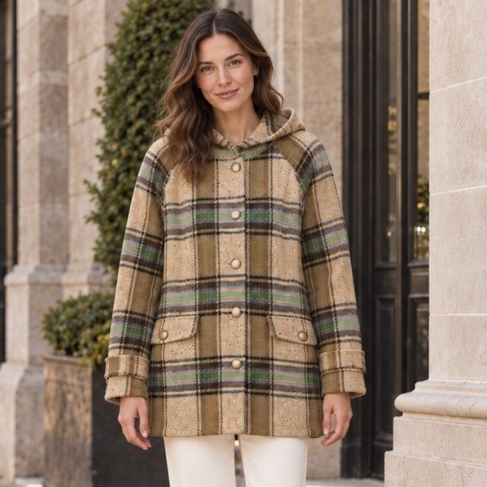 Sezane Womens Suzon Plaid Coat L Multicolor Taupe Hooded Cotton Wool French